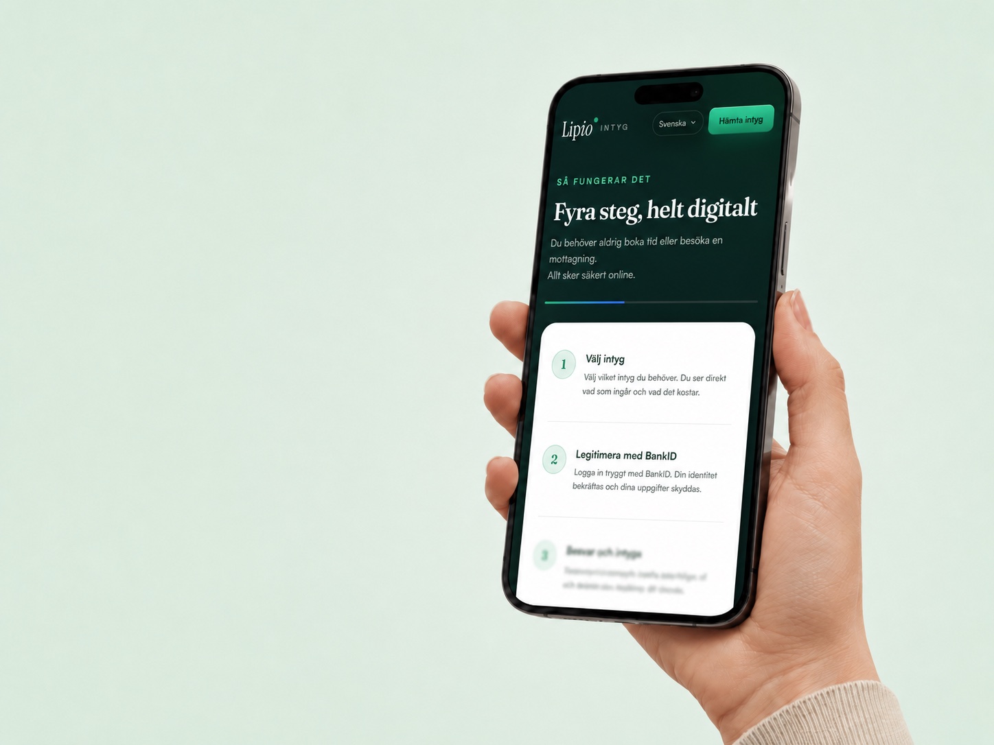 Lipio Intyg visat i en mobiltelefon