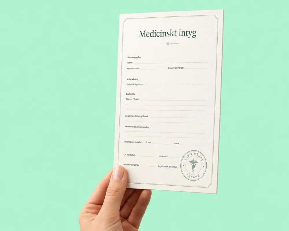 En hand håller upp ett medicinskt intyg utfärdat av en legitimerad läkare