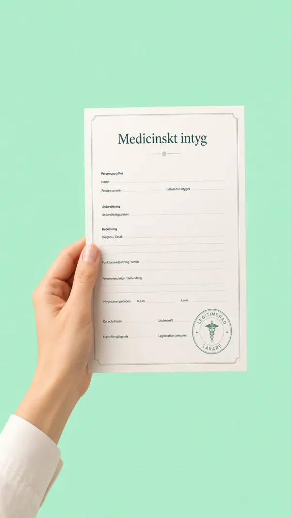 En hand håller upp ett medicinskt intyg utfärdat av en legitimerad läkare
