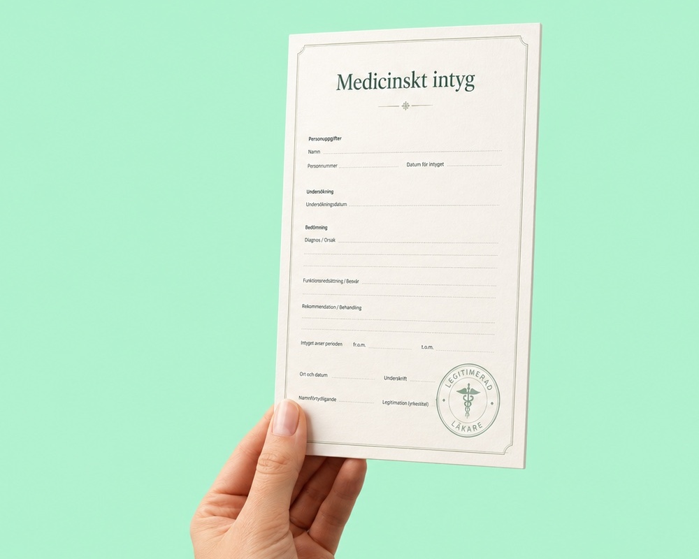 En hand håller upp ett medicinskt intyg utfärdat av en legitimerad läkare